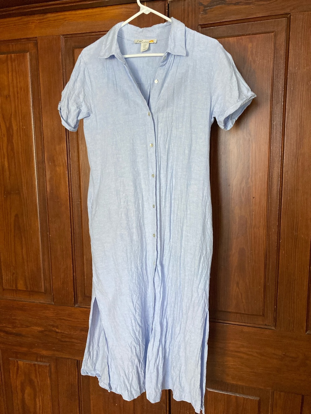 C&C California Light Blue Button-Front Linen Blend Midi Dress